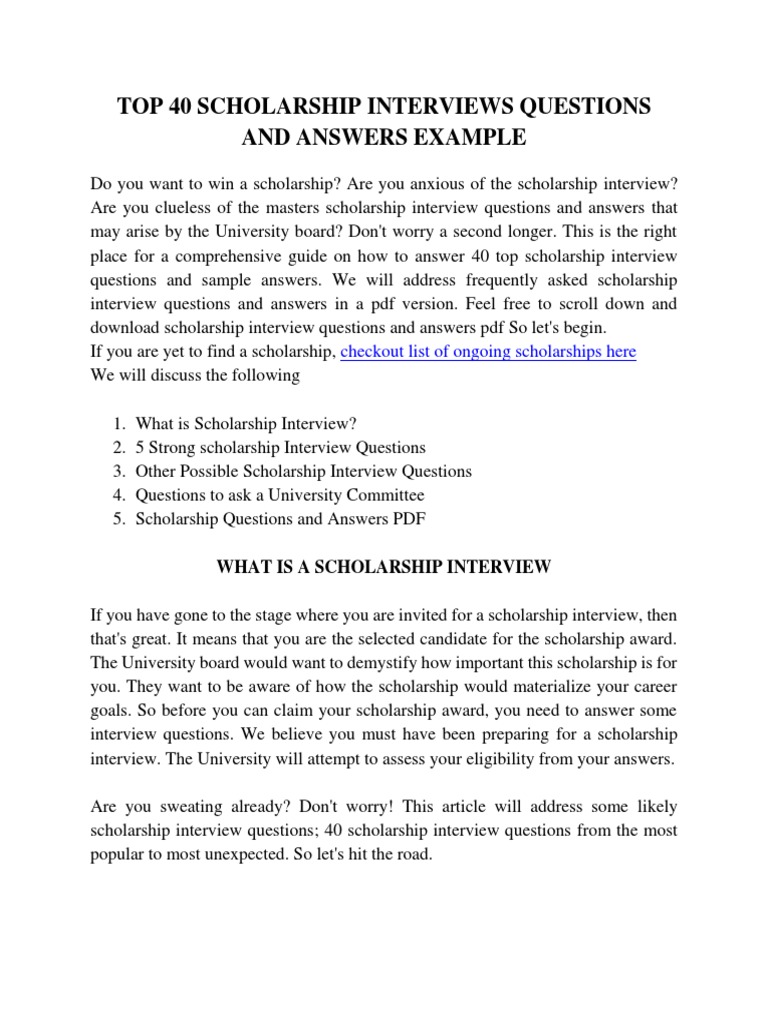 Top 40 Scholarship Interview Questions and Answers Example PDF Goal