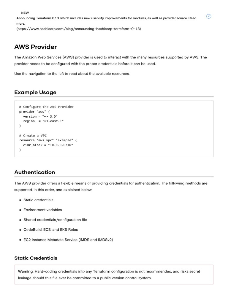 AWS Provider: Example Usage | PDF | Representational State Transfer |  Information Technology
