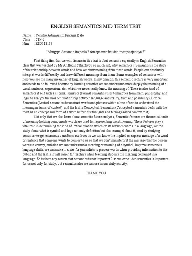 ENGLISH SEMANTICS MID TERM TEST (YerichoApb - E1D118117) | PDF ...