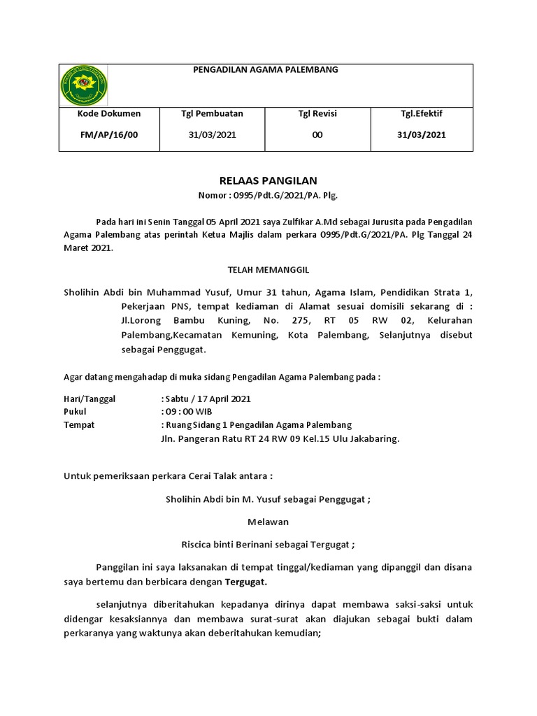Panggilan Sidang Cerai Talak Palembang | PDF | Hukum