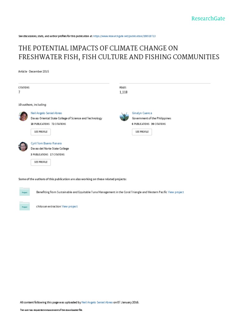 The Potential Impacts of Climate Change On Freshwater Fish, Fish ...