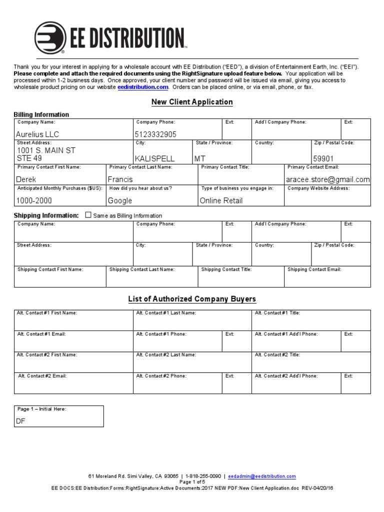 Application for a Wholesale Account Document Provides Instructions and Form for a Company to