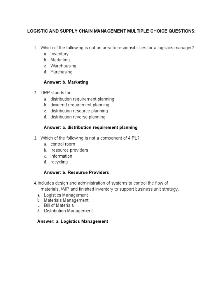 I Mid Logistic and Supply Chain Management Multiple Choice Questions