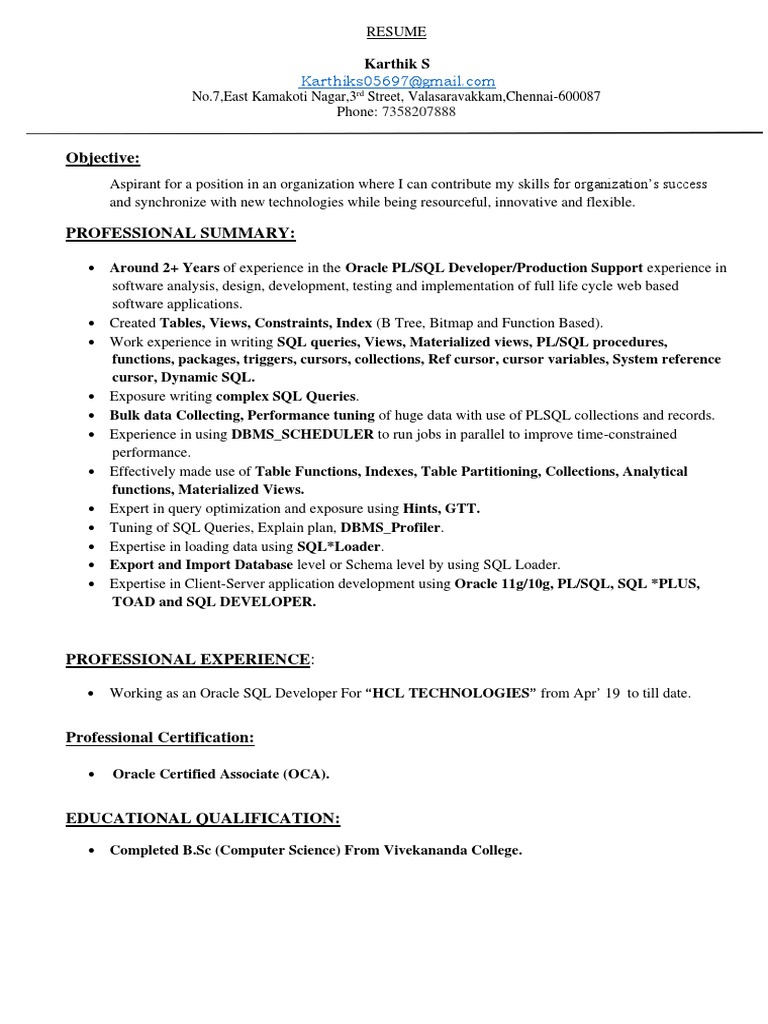 Karthik Oracle SQL Developer Resume | PDF | Pl/Sql | Sql