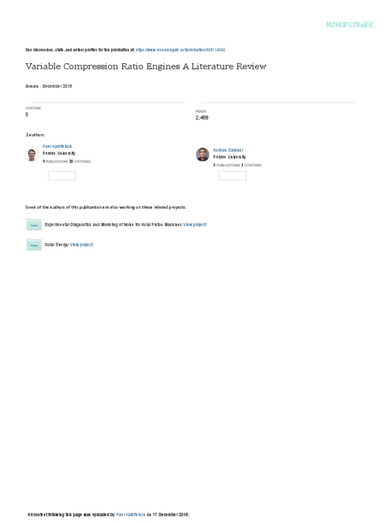 Variable Compression Ratio Engines A Literature Review December 2018