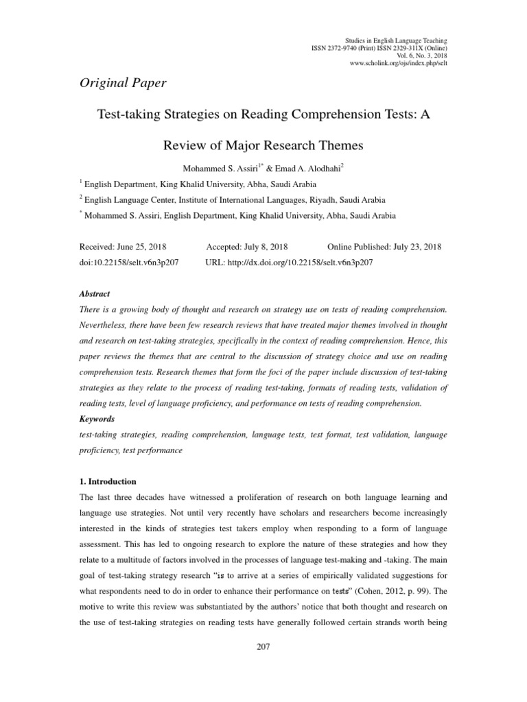 Test-Taking Strategies On Reading Comprehension Tests: A Review of ...