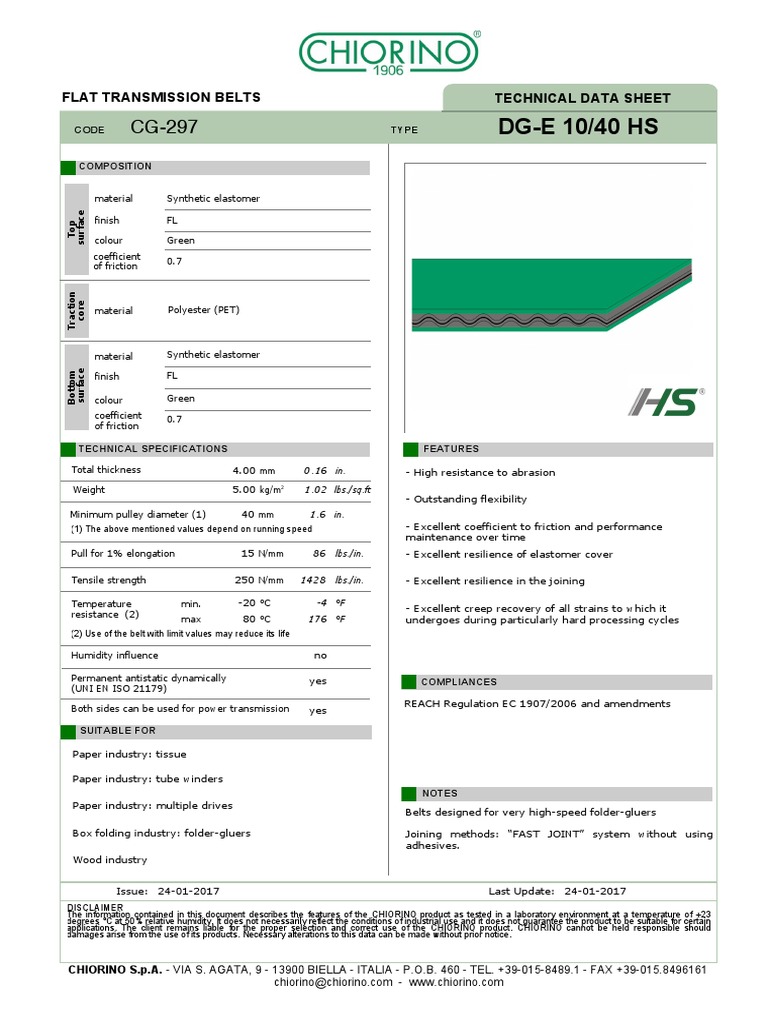 DGE 10/40 HS Flat Transmission Belts Technical Data Sheet PDF