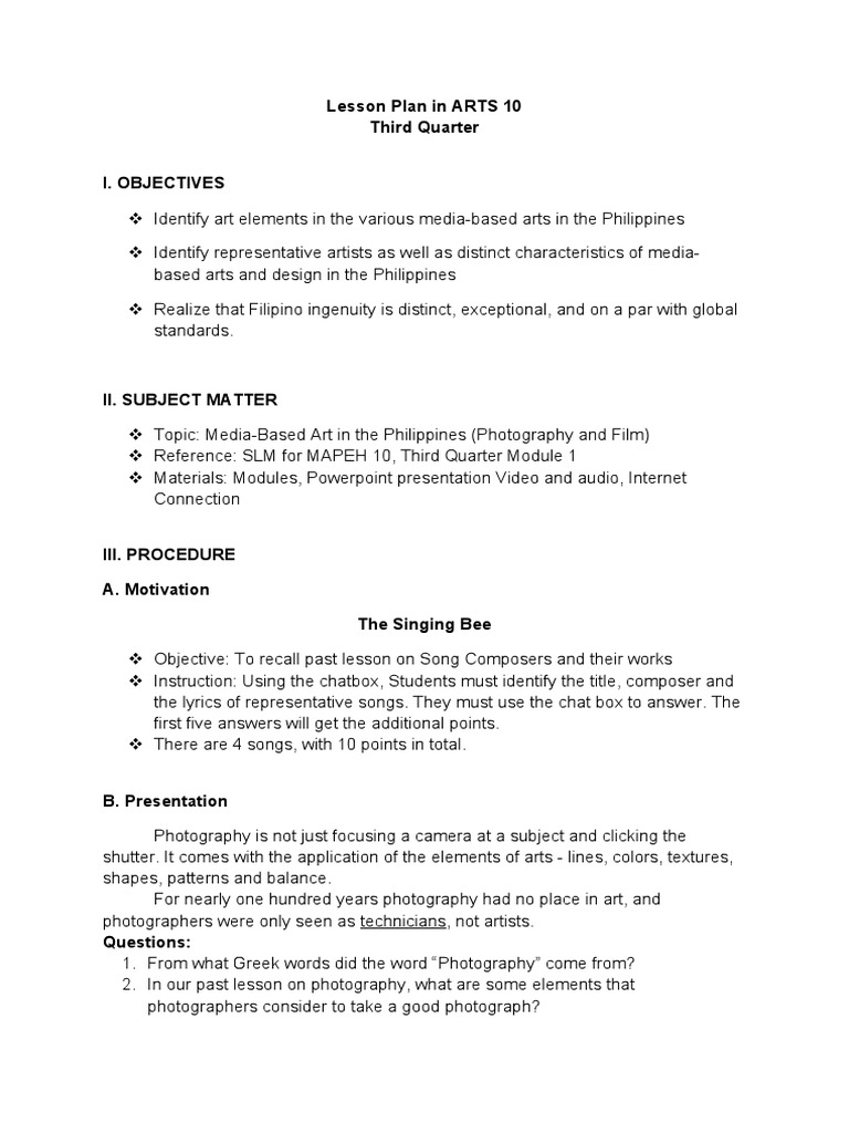 Lesson Plan in ARTS 10 Third Quarter | PDF | Composition (Visual Arts ...