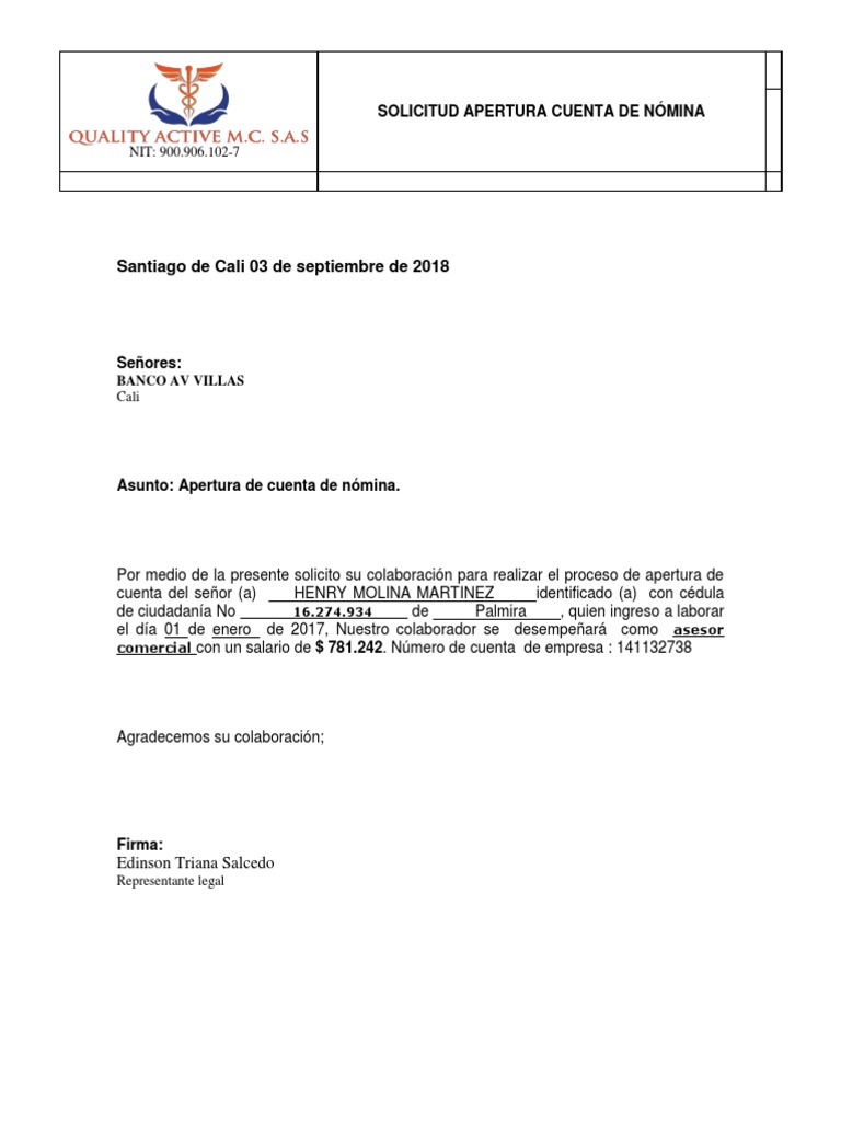 Carta Apertura Cuenta Nomina Pdf