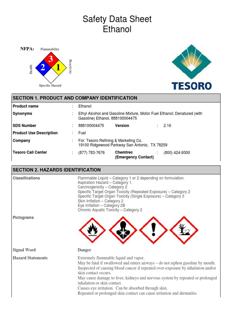 Safety Data Sheet Ethanol Nfpa PDF Toxicity Benzene