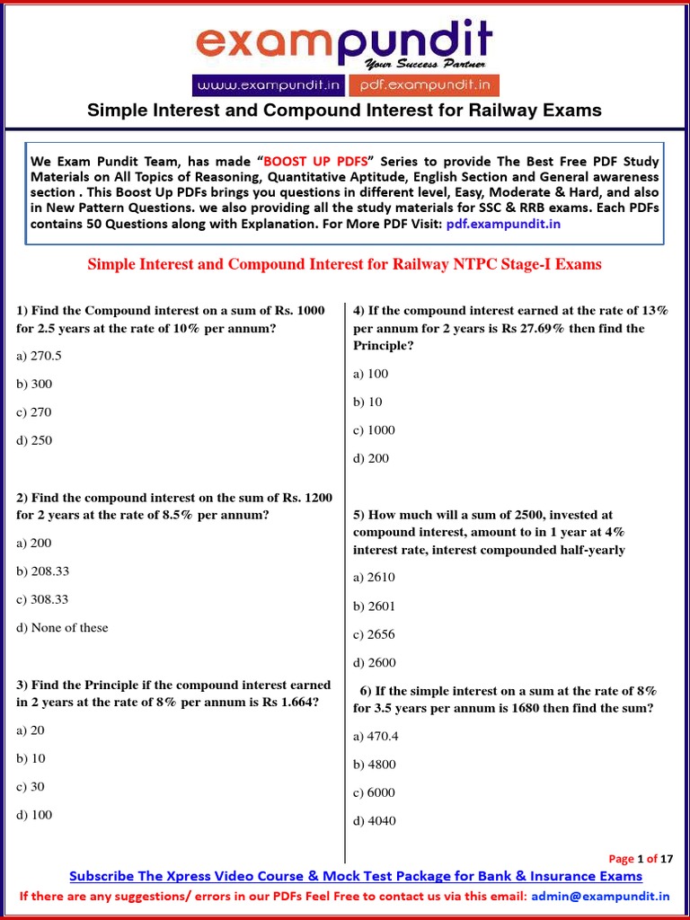 SI & CI Questions for RRB NTPC Exams | PDF | Compound Interest | Interest
