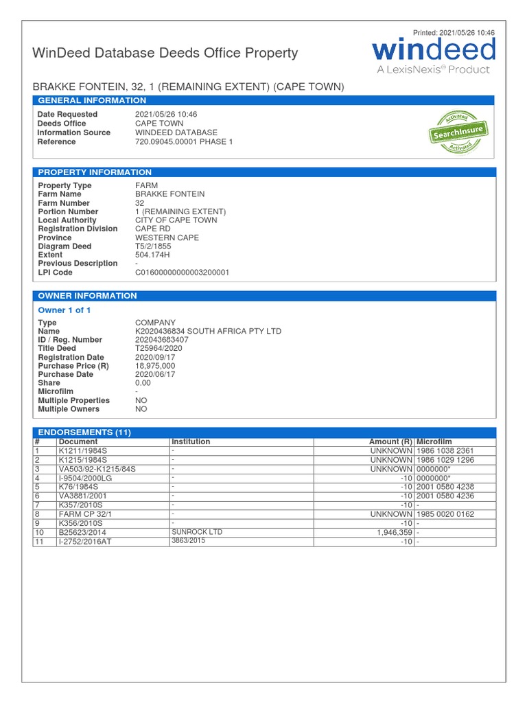 Windeed Database Deeds Office Property Brakke Fontein, 32, 1