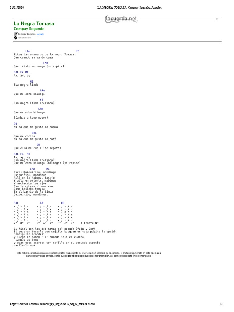 LA NEGRA TOMASA, Compay Segundo Acordes PDF Composiciones