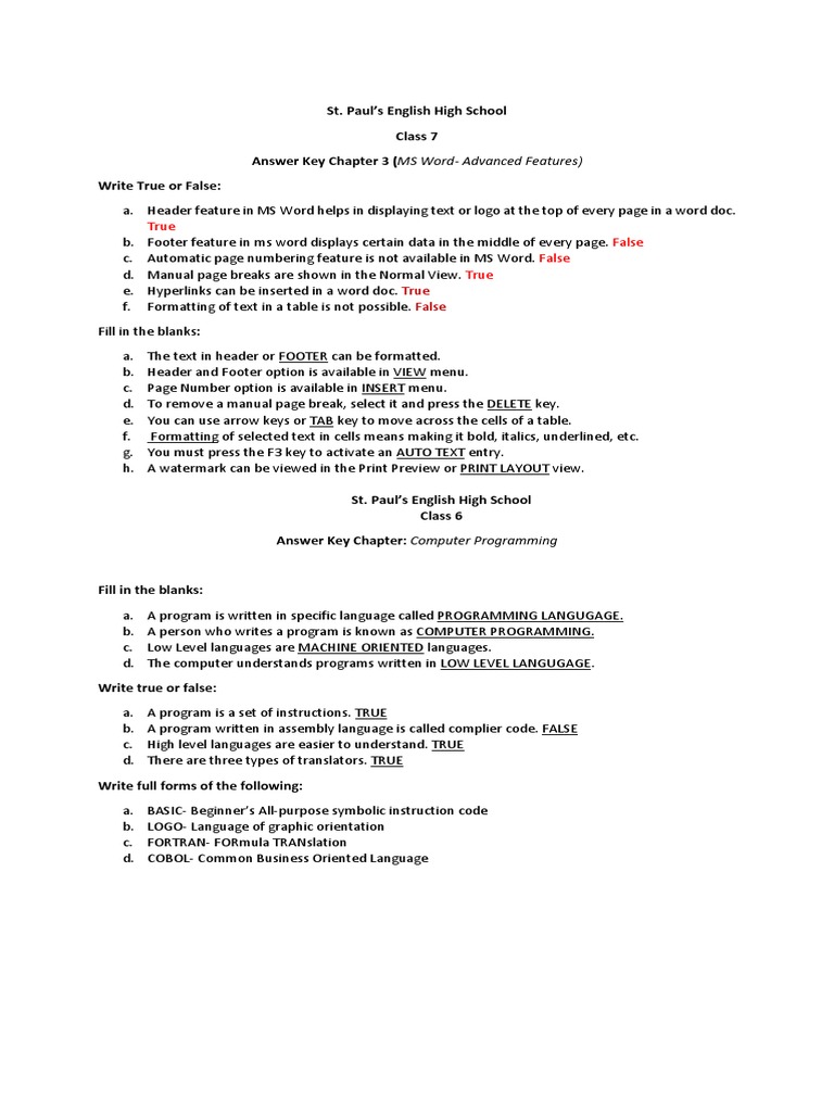 Class 7 Answer KEy | PDF