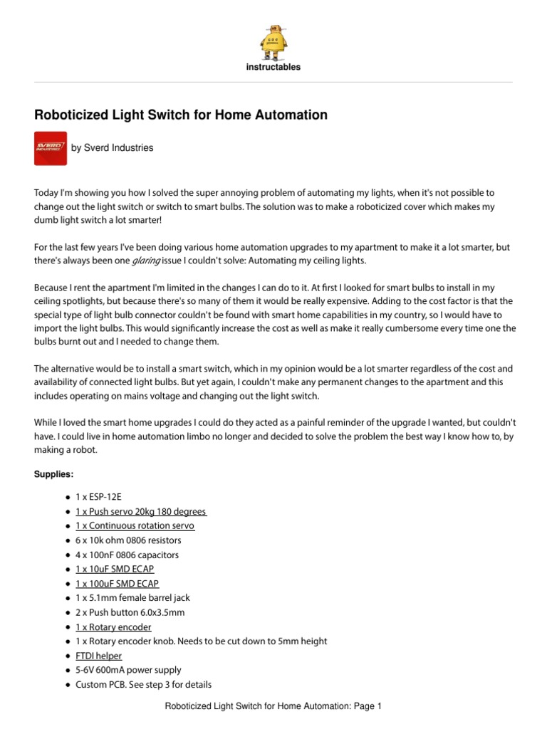 Roboticized Light Switch For Home Automation: Instructables | PDF ...