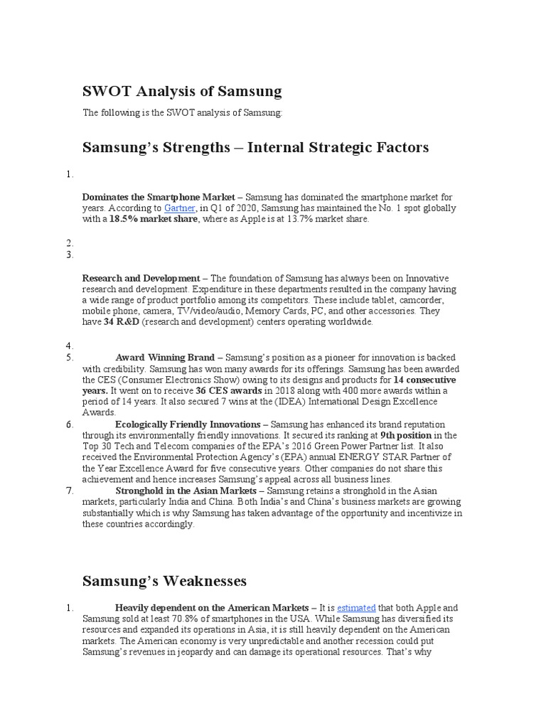 Samsung SWOT Analysis Overview | PDF | Samsung | Smartphone