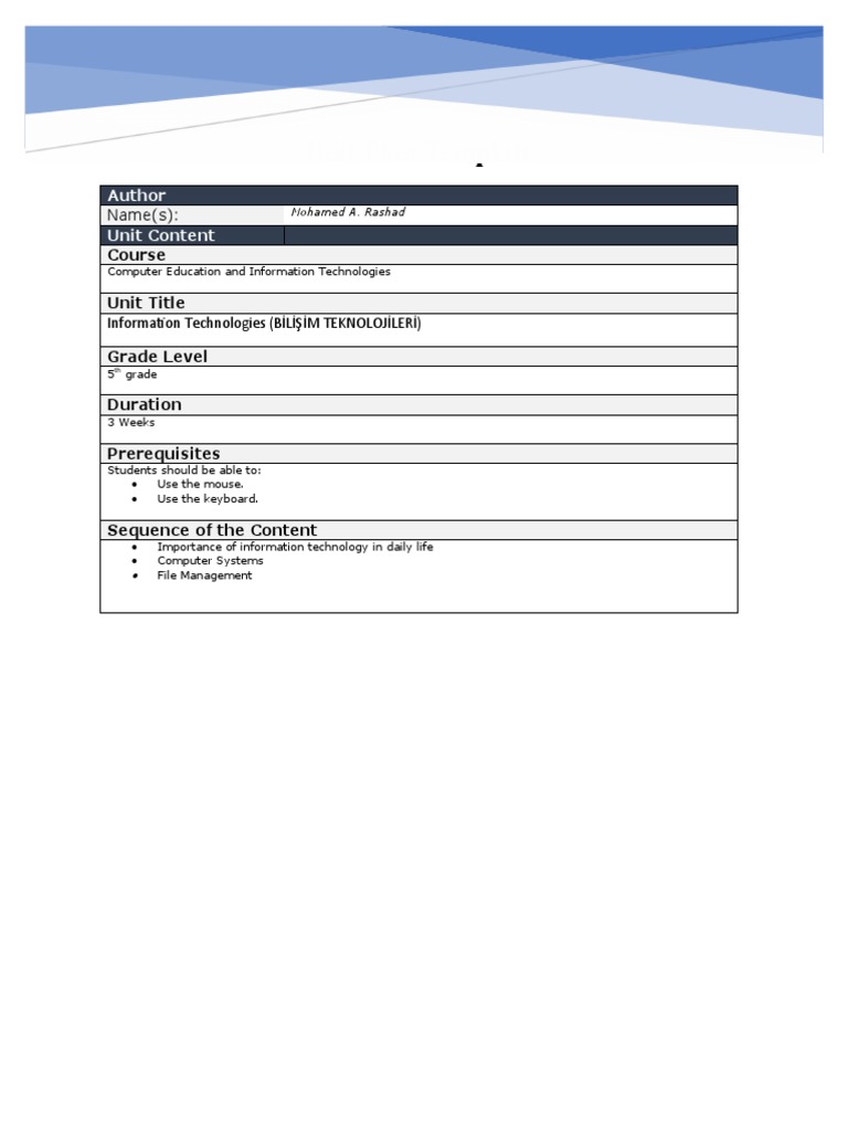 5th Grade IT Unit Plan Template | PDF | Teaching Method | Teachers