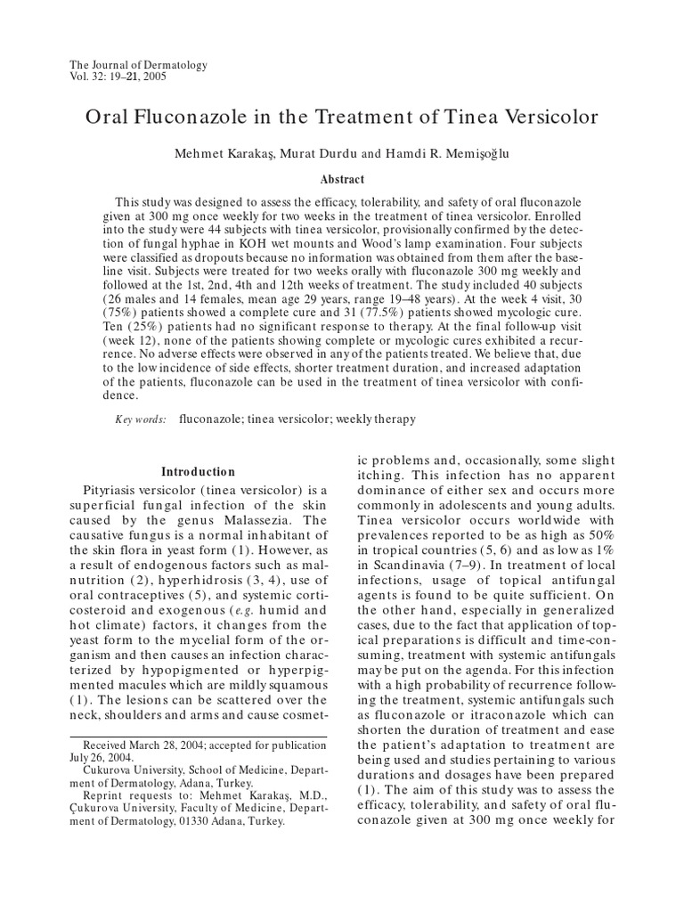 Oral Fluconazole in Treatment Tinea Versicolor PDF Therapy