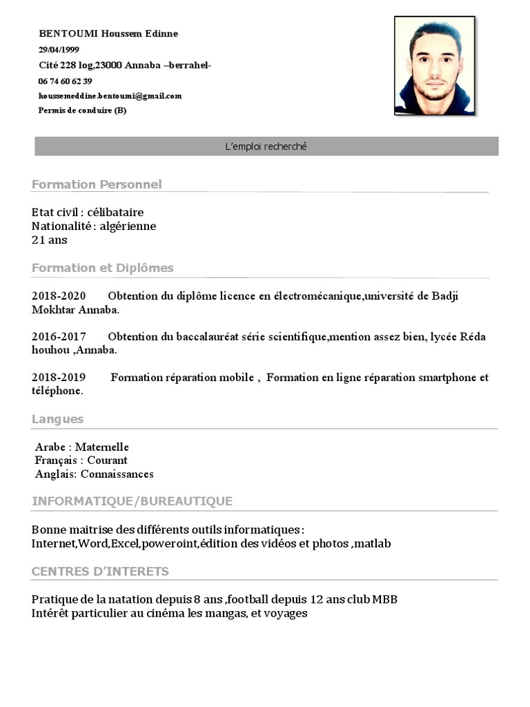 CV Licence Électromécanique et Réparation Mobile | PDF | Évolution de ...
