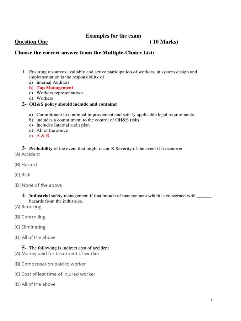 Examples For The Exam Question One (10 Marks) Choose The Correct Answer