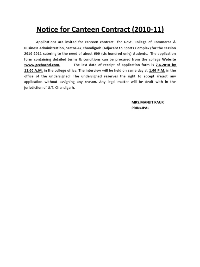 Canteen Contract 201011 PDF Employment Lease