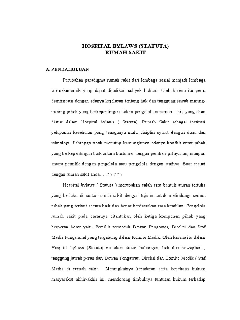 Contoh Statuta Rumah Sakit Swasta | PDF