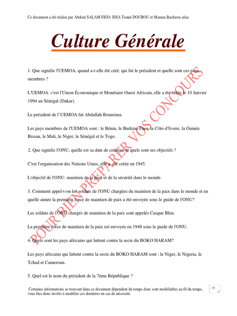 Qcm Culture Générale Avec Réponse Culture Generale | PDF | Niger | Méningite