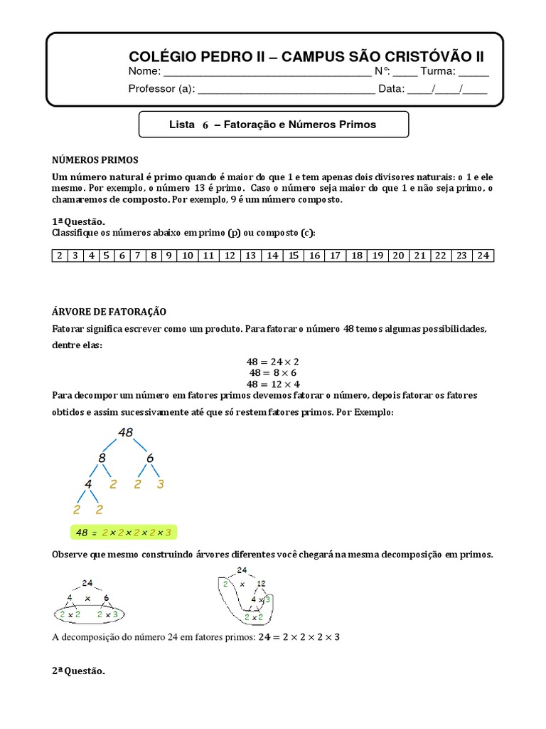 Fatoração e Números Primos - 6º Ano | PDF