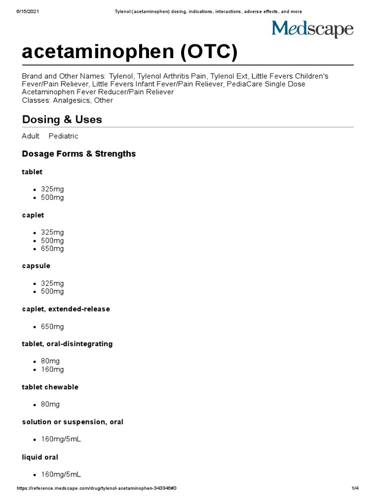 Tylenol (Acetaminophen) Dosing, Indications, Interactions, Adverse
