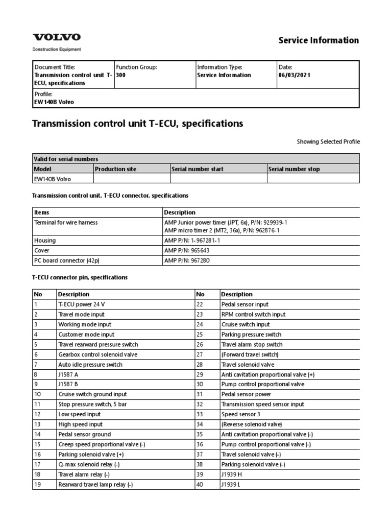 Transmission Control Unit TECU, Specifications Service Information