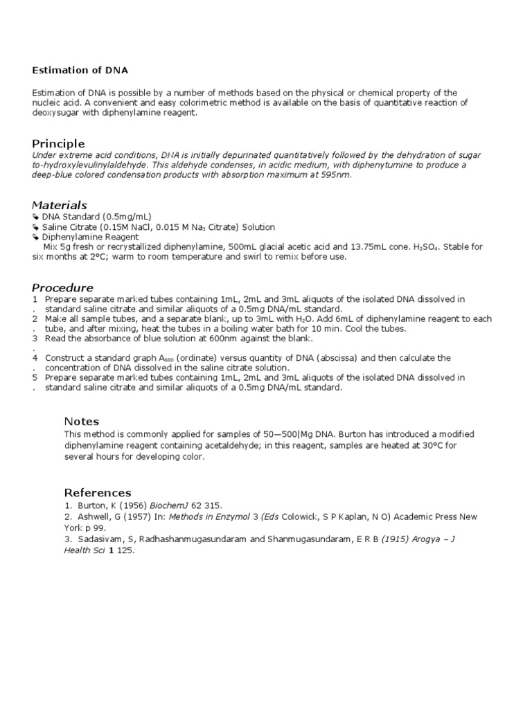 DNA Estimation by Diphenylamine Method | PDF | Science & Mathematics