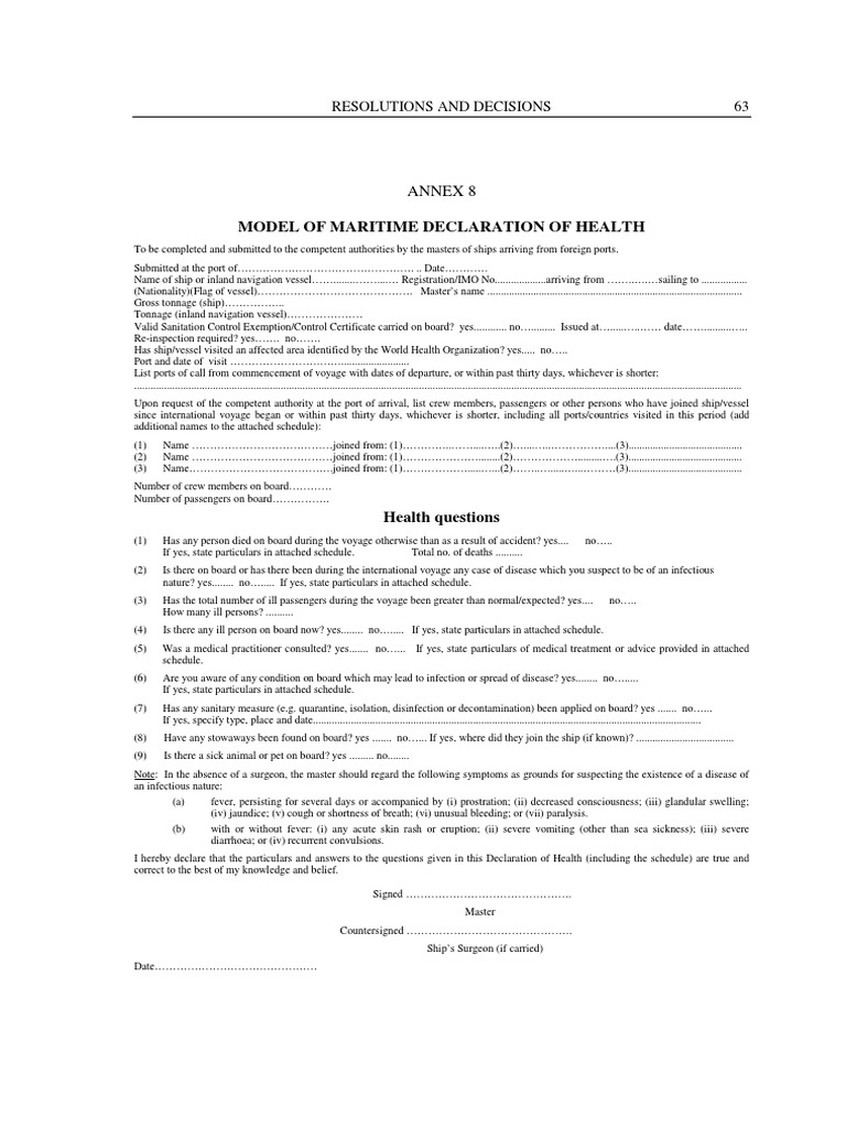 Maritime Declaration of Health PDF Sea Captain Health Care