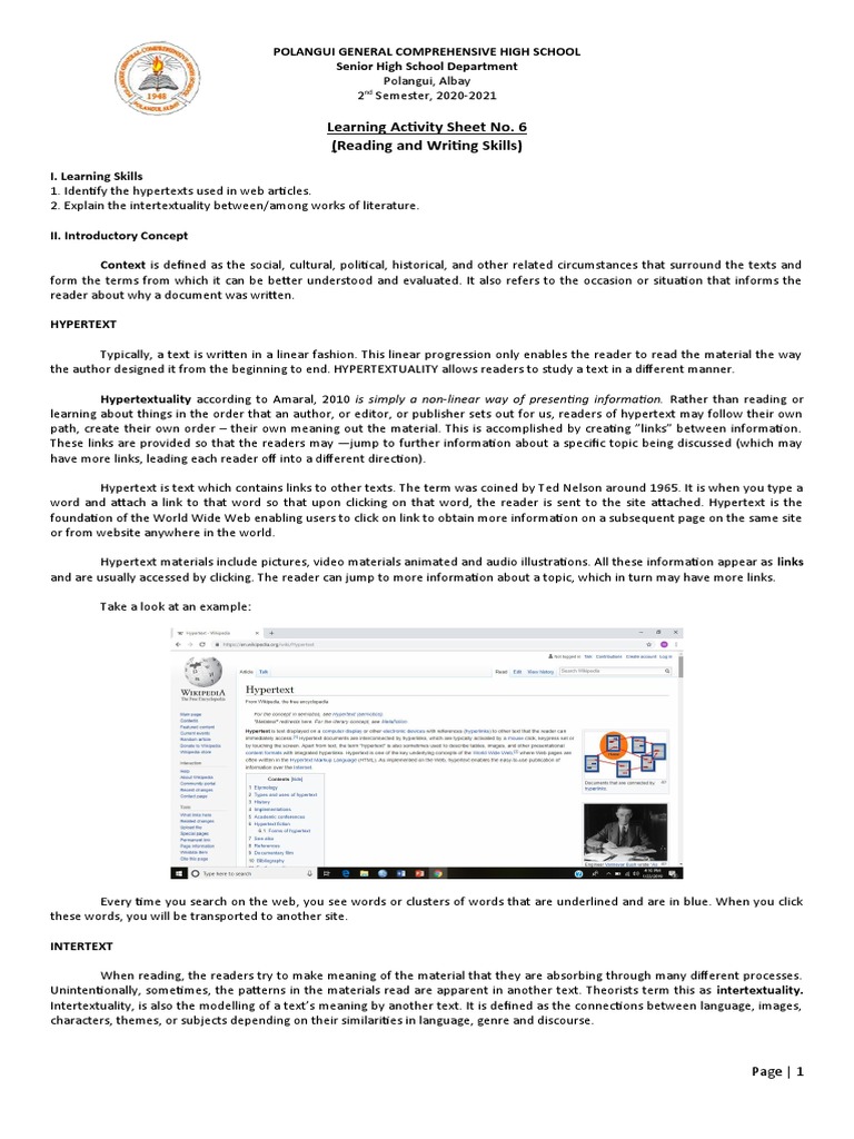 Learning Activity Sheet No. 6 (Reading and Writing Skills) Page 1