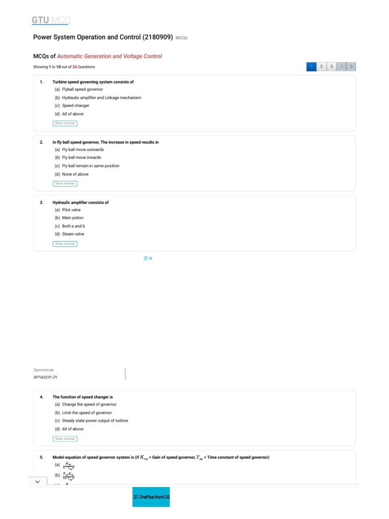 MCQs of Automatic Generation and Voltage Control (Power System