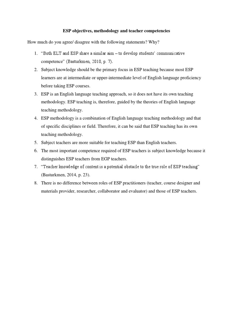ESP Objectives, Methodology Teacher Competencies | PDF | Career & Growth