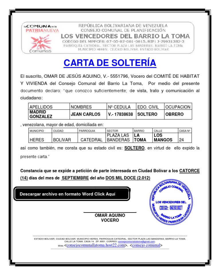 Consejo Comunal Formato Modelo Ejemplo Carta De Solteria Pdf