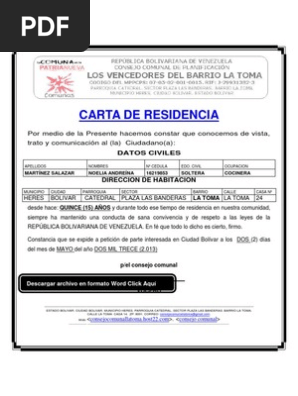 Formato Modelo Ejemplo Carta De Residencia Del Barrio La Toma Pdf Gobierno