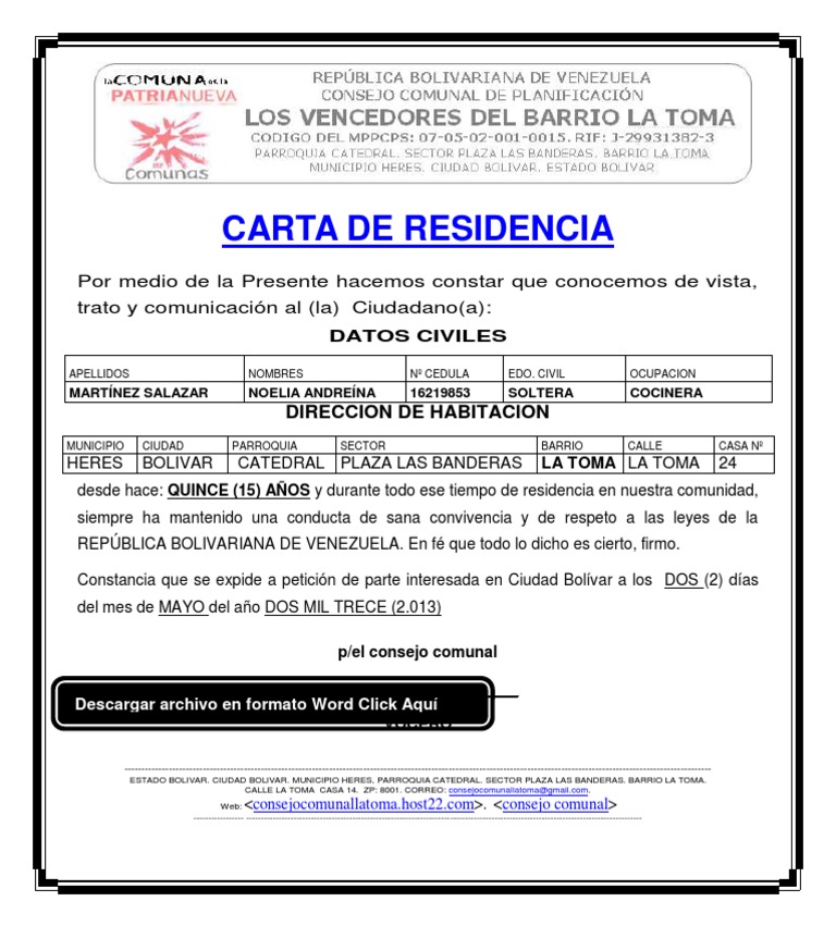 FORMATO MODELO EJEMPLO CARTA DE RESIDENCIA DEL BARRIO LA TOMA