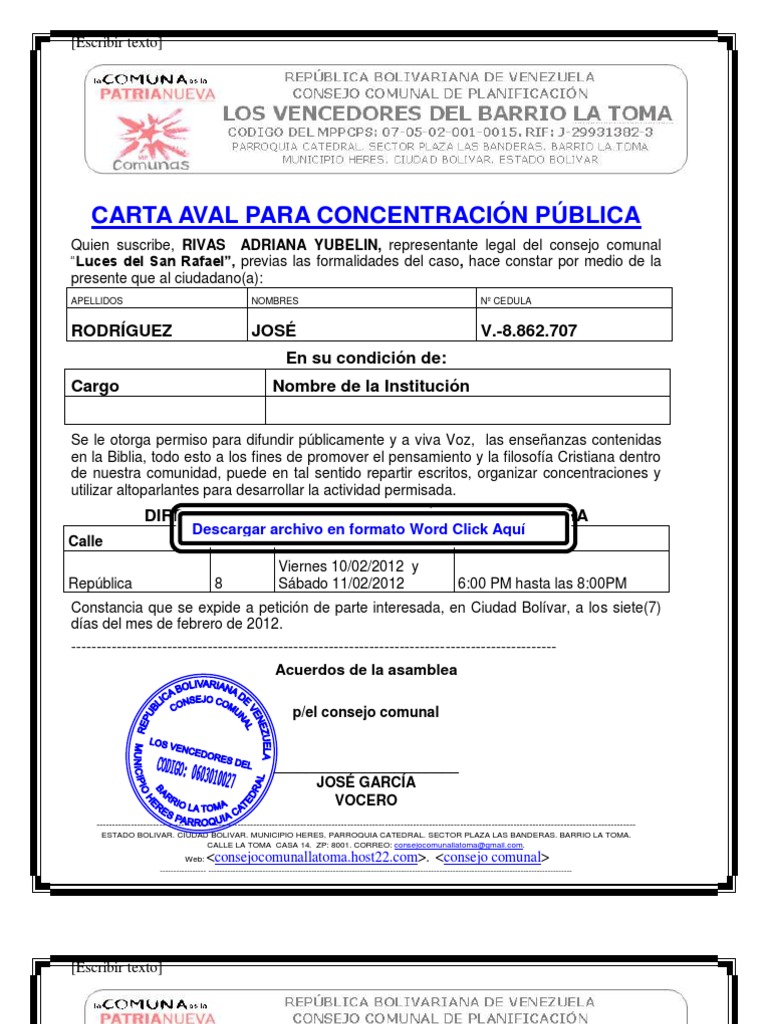 Consejo Comunal Formato de Carta de Residencia | PDF