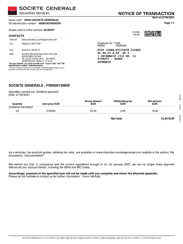 Société Générale Dividend Payment Notice | PDF | Payments | Government ...