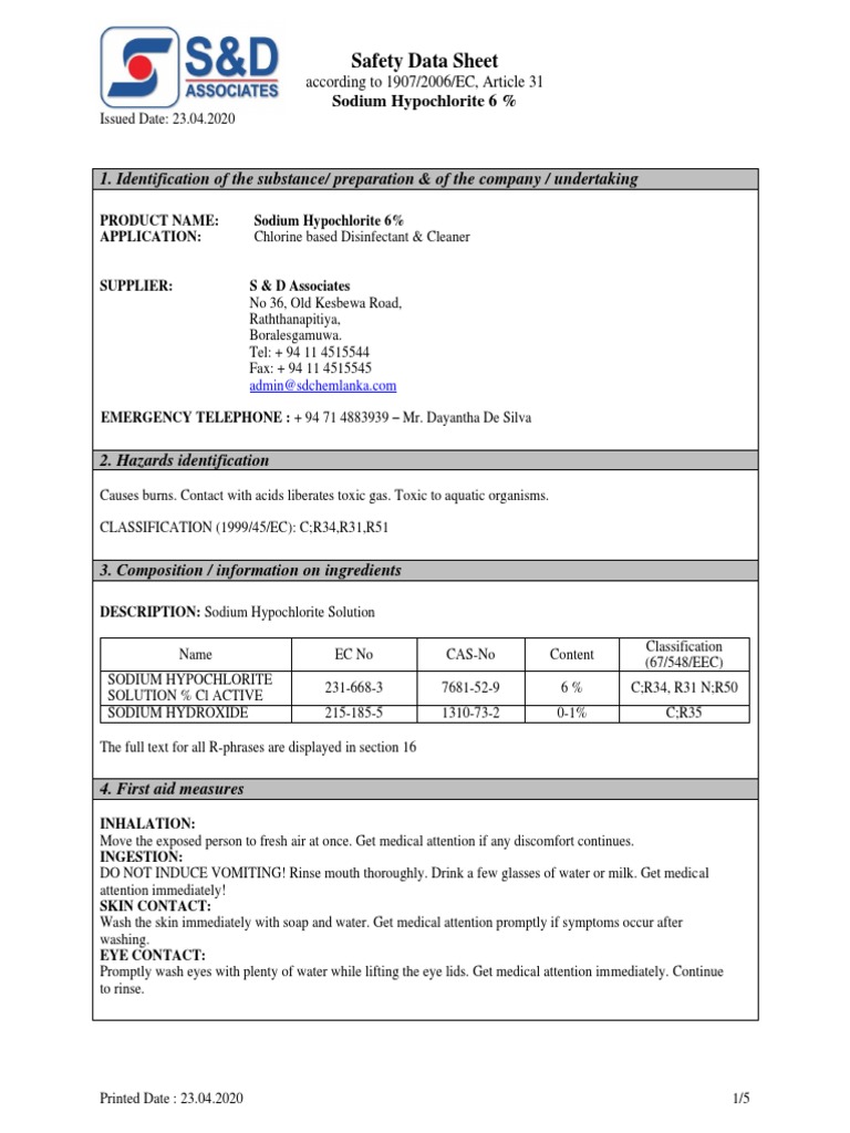Sodium Hypochlorite 6 % MSDS | PDF | Toxicity | Sodium Hydroxide