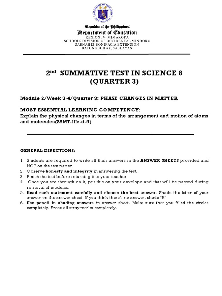 2nd SUMMATIVE TEST IN SCIENCE 8 Q3 | PDF | Evaporation | Phase (Matter)