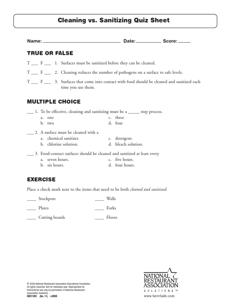 Cleaning vs. Sanitizing Quiz Sheet True or False PDF Disinfectant