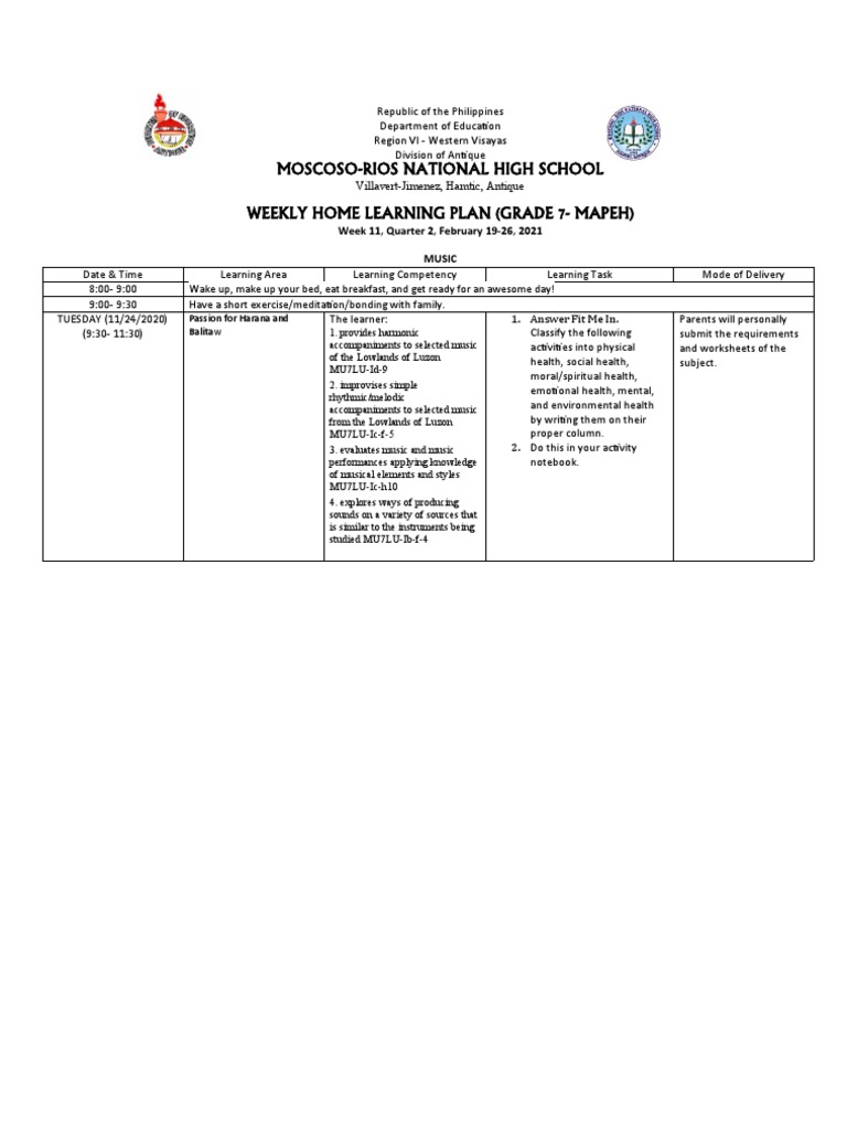 Grade 7 MAPEH Weekly Learning Plan | PDF | Applied Psychology | Learning