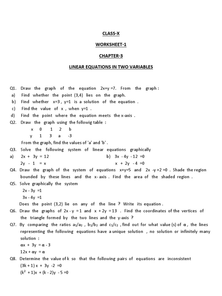 Linear Equations in 2 Variables Worksheet 8 | PDF | Equations ...