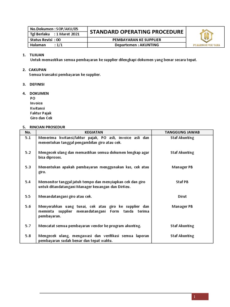 Sop Pembayaran Ke Supplier Pdf