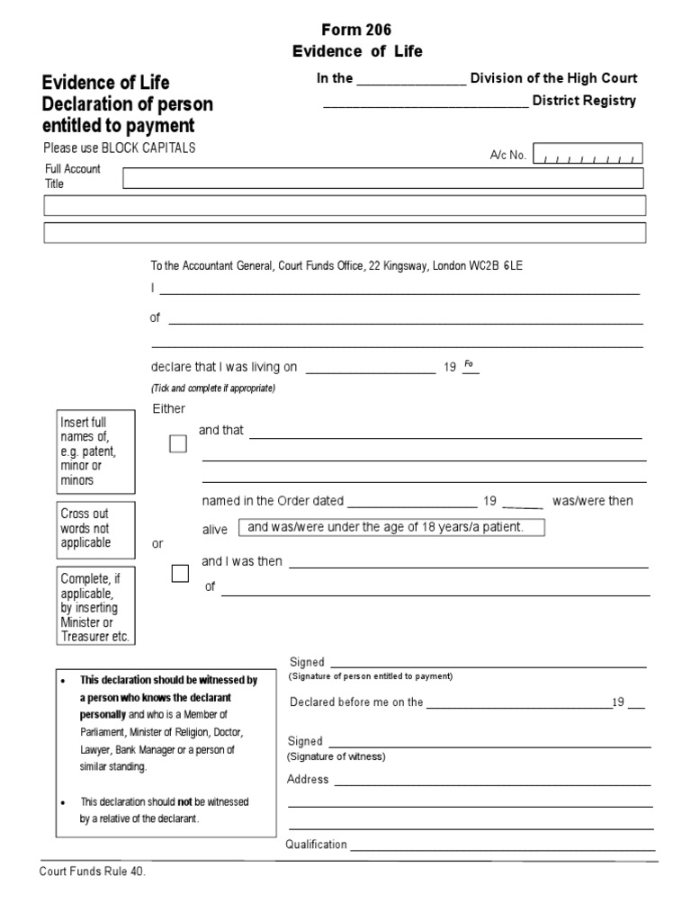 Evidence of Life Declaration Form 206 | PDF