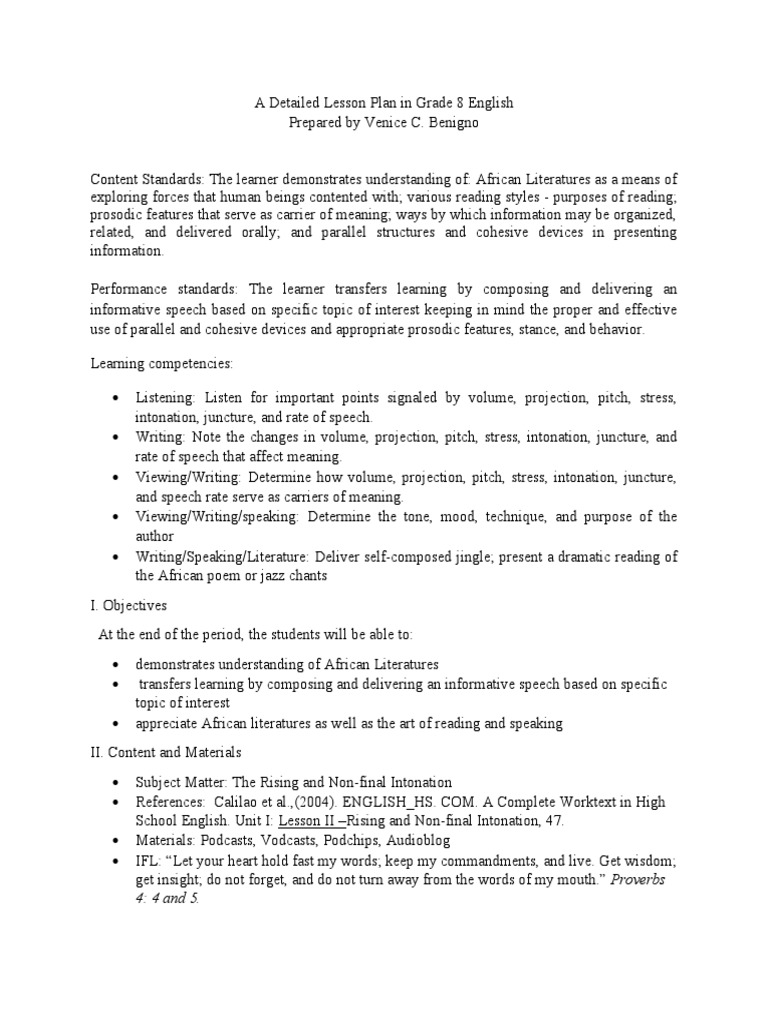 Grade 8 English Lesson Plan: Speech & Intonation | PDF | Tone ...