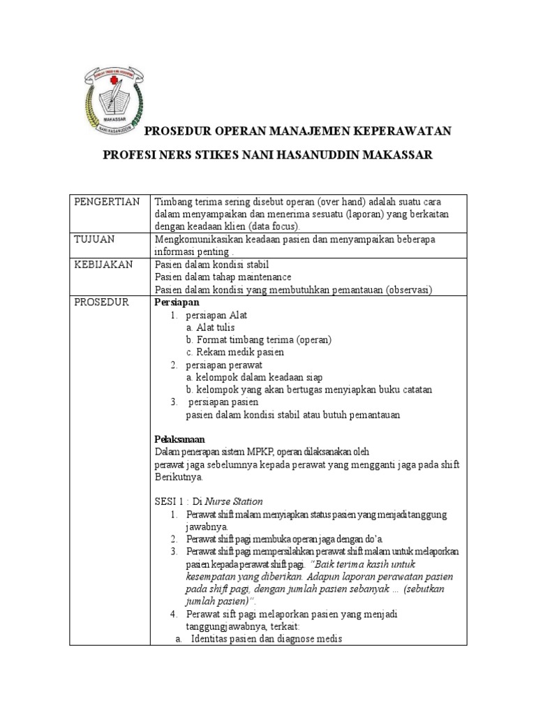 Prosedur Operan Jaga Perawat Shift | PDF | Pengembangan Diri ...