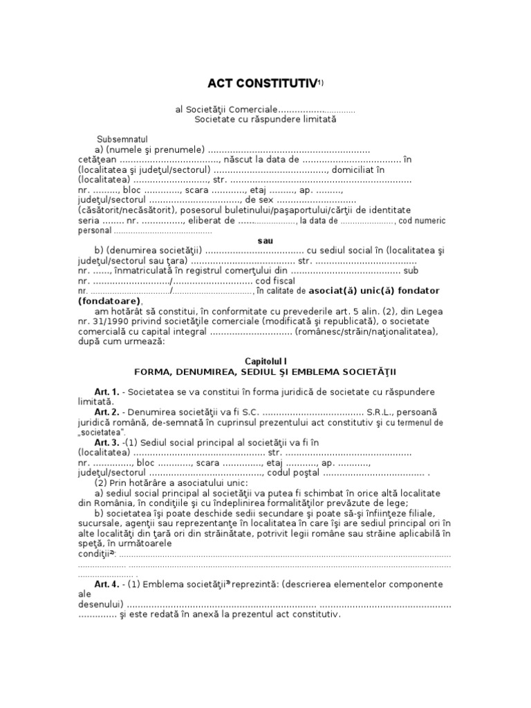 Model Act Constitutiv De Srl Asociat Unic